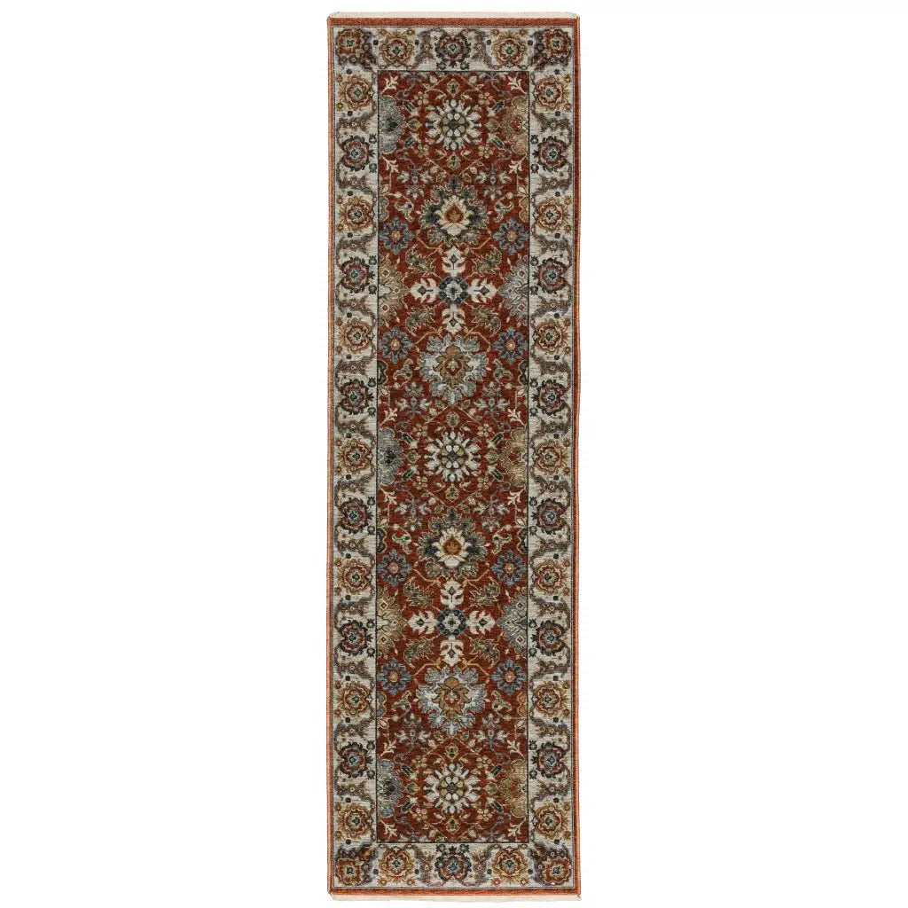 2' X 8' Red Blue Ivory Gold And Navy Oriental Power Loom Stain Resistant Runner Rug With Fringe - Homeroots - Flyclothing LLC