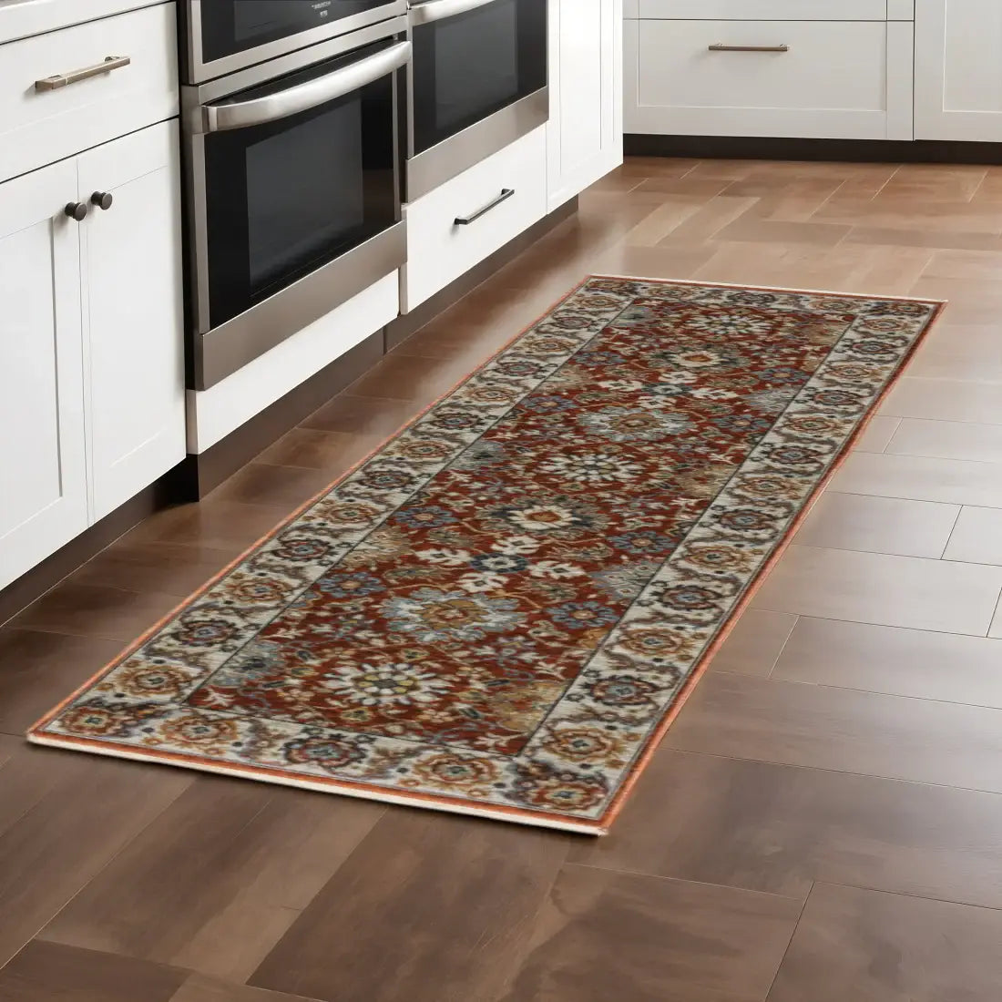 2' X 8' Red Blue Ivory Gold And Navy Oriental Power Loom Stain Resistant Runner Rug With Fringe - Homeroots - Flyclothing LLC