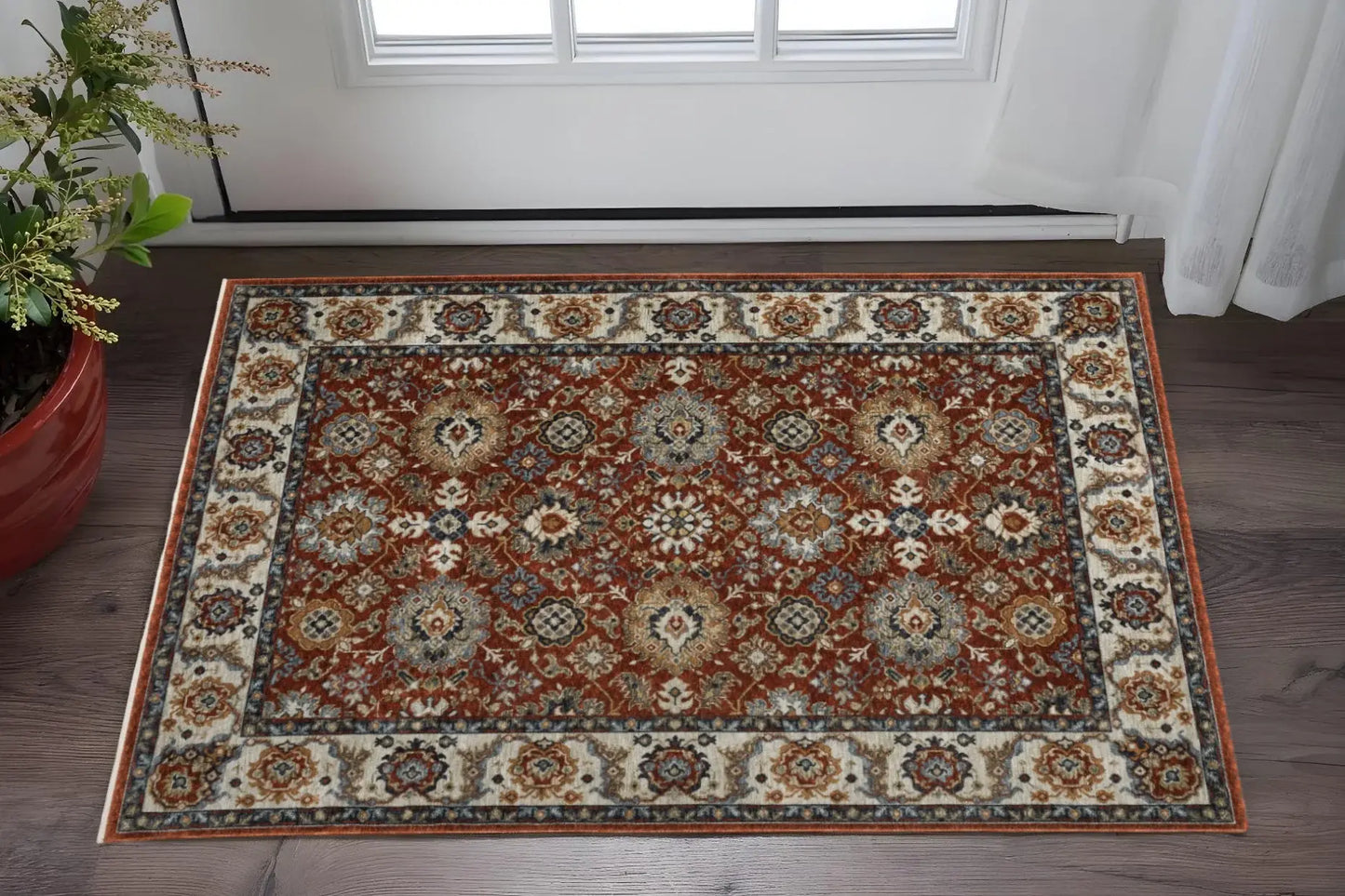 3' X 5' Red Blue Ivory Gold And Navy Oriental Power Loom Stain Resistant Area Rug With Fringe - Homeroots - Flyclothing LLC