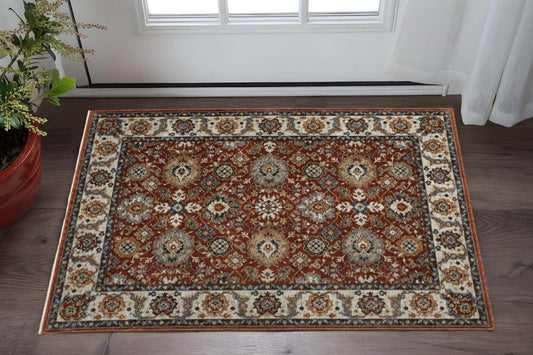 3' X 5' Red Blue Ivory Gold And Navy Oriental Power Loom Stain Resistant Area Rug With Fringe - Homeroots - Flyclothing LLC