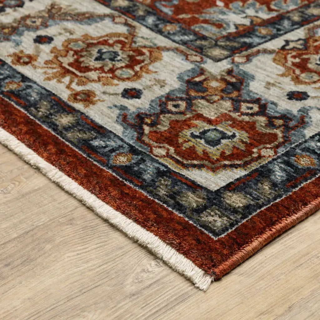 6' X 9' Red Blue Ivory Gold And Navy Oriental Power Loom Stain Resistant Area Rug With Fringe - Homeroots - Flyclothing LLC