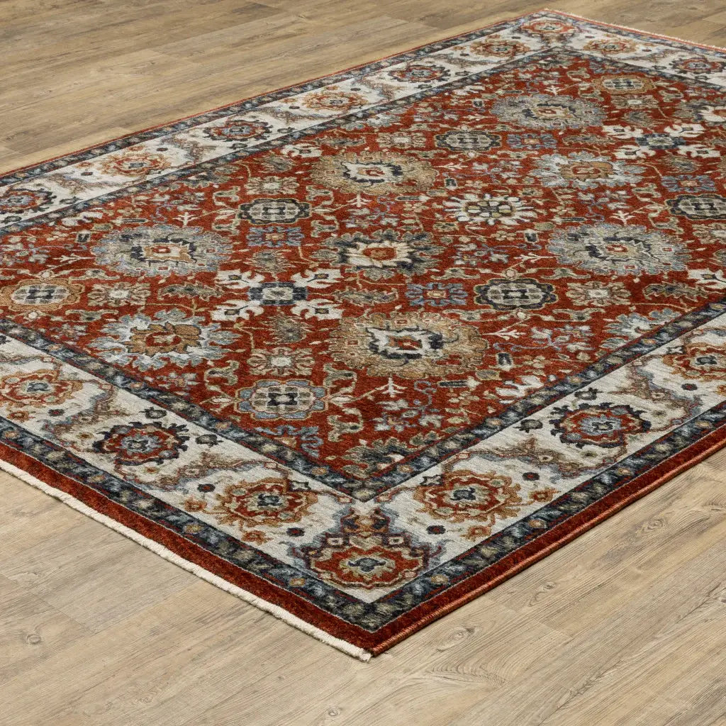 6' X 9' Red Blue Ivory Gold And Navy Oriental Power Loom Stain Resistant Area Rug With Fringe - Homeroots - Flyclothing LLC