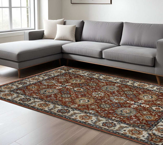 8' X 11' Red Blue Ivory Gold And Navy Oriental Power Loom Stain Resistant Area Rug With Fringe - Homeroots - Flyclothing LLC