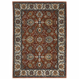 10' X 13' Red Blue Ivory Gold And Navy Oriental Power Loom Stain Resistant Area Rug With Fringe