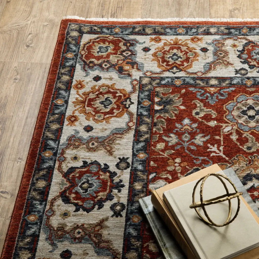 10' X 13' Red Blue Ivory Gold And Navy Oriental Power Loom Stain Resistant Area Rug With Fringe - Homeroots - Flyclothing LLC