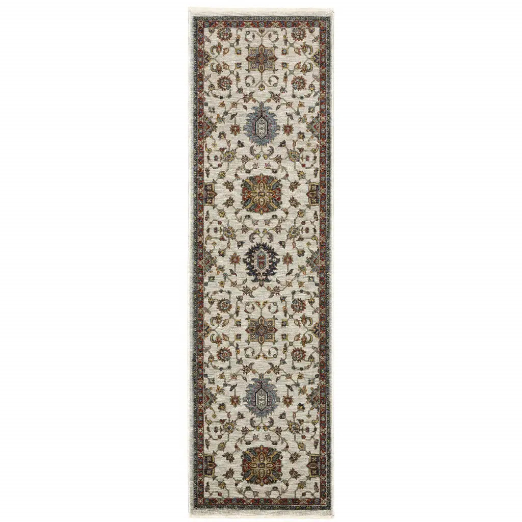 2' X 8' Beige Rust Red Blue Gold And Grey Oriental Power Loom Stain Resistant Runner Rug With Fringe - Homeroots - Flyclothing LLC