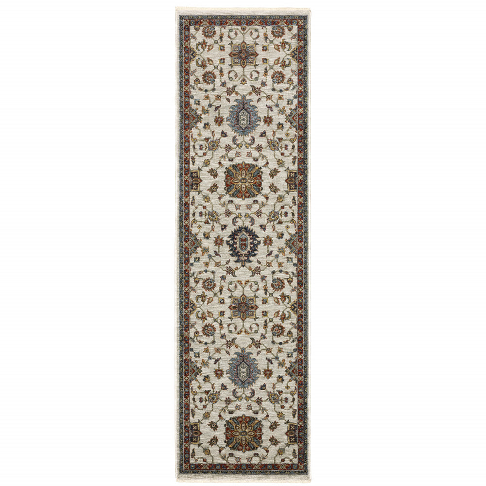 2' X 8' Beige Rust Red Blue Gold And Grey Oriental Power Loom Stain Resistant Runner Rug With Fringe - Homeroots