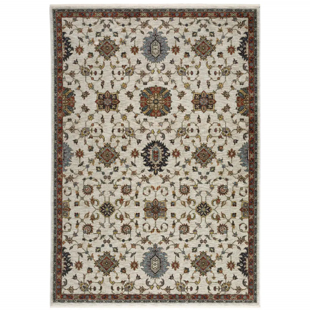2' X 3' Ivory Grey Rust Red Gold And Shades Of Blue Oriental Power Loom Stain Resistant Area Rug With Fringe - Homeroots - Flyclothing LLC
