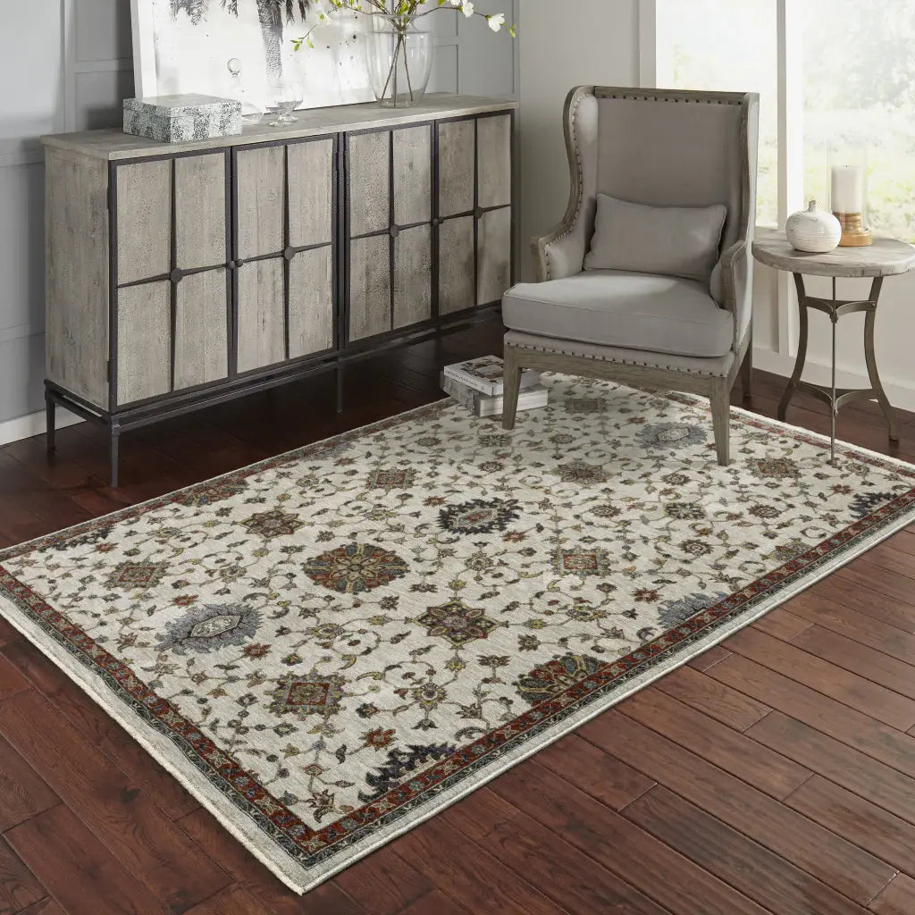 2' X 3' Ivory Grey Rust Red Gold And Shades Of Blue Oriental Power Loom Stain Resistant Area Rug With Fringe - Homeroots - Flyclothing LLC