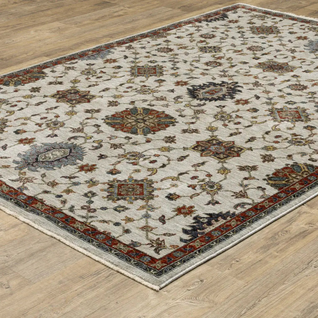 2' X 3' Ivory Grey Rust Red Gold And Shades Of Blue Oriental Power Loom Stain Resistant Area Rug With Fringe - Homeroots - Flyclothing LLC