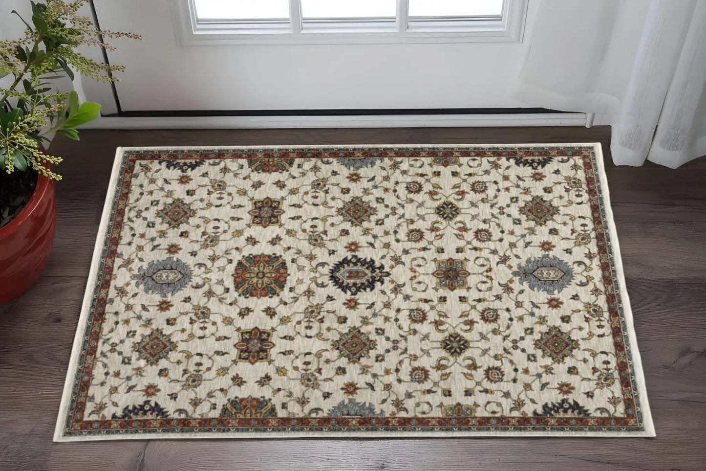 3' X 5' Beige Rust Red Blue Gold And Grey Oriental Power Loom Stain Resistant Area Rug With Fringe - Homeroots - Flyclothing LLC