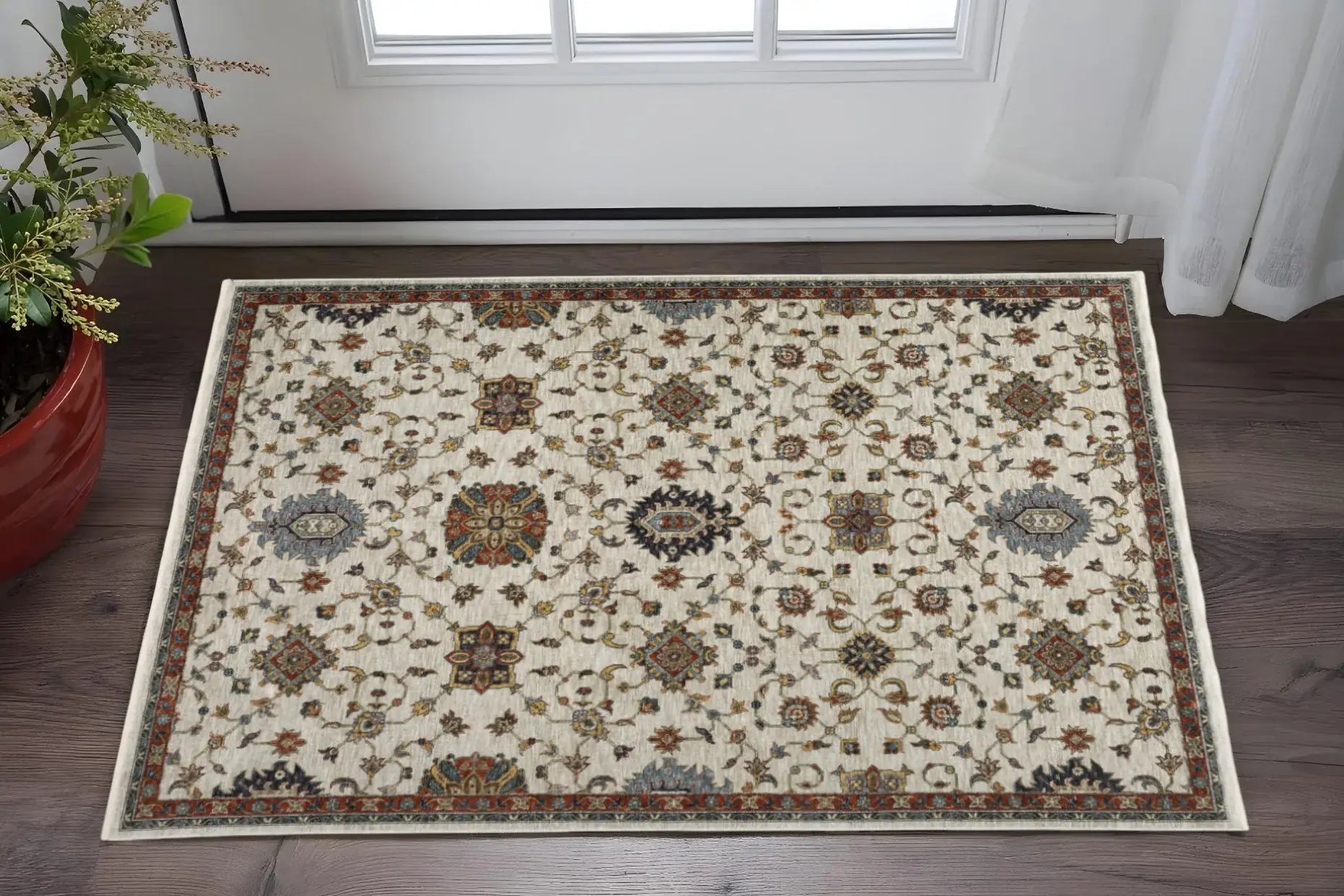 3' X 5' Beige Rust Red Blue Gold And Grey Oriental Power Loom Stain Resistant Area Rug With Fringe - Homeroots - Flyclothing LLC
