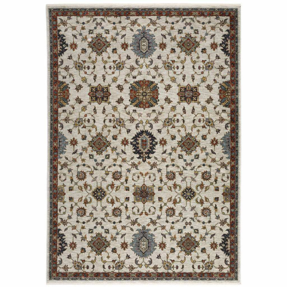 3' X 5' Beige Rust Red Blue Gold And Grey Oriental Power Loom Stain Resistant Area Rug With Fringe - Homeroots - Flyclothing LLC
