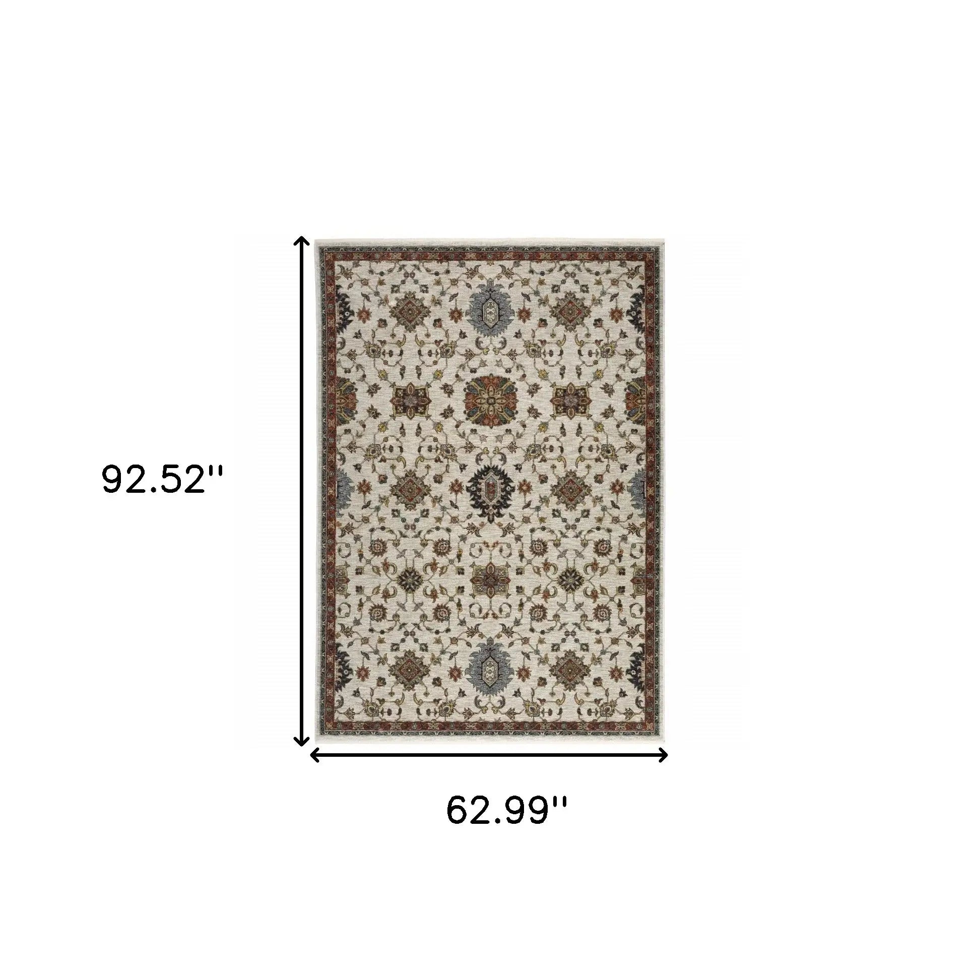 5' X 8' Beige Rust Red Blue Gold And Grey Oriental Power Loom Stain Resistant Area Rug With Fringe - Homeroots - Flyclothing LLC