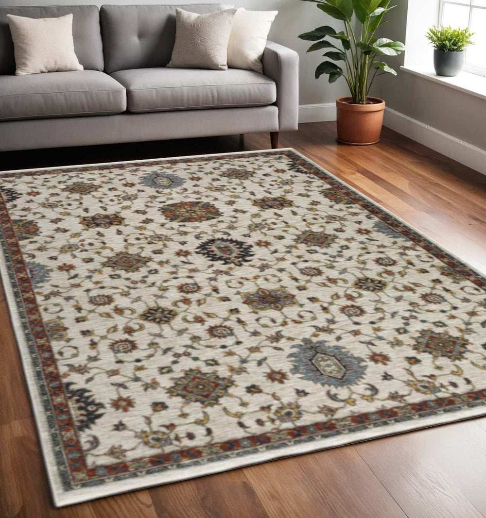 5' X 8' Beige Rust Red Blue Gold And Grey Oriental Power Loom Stain Resistant Area Rug With Fringe - Homeroots - Flyclothing LLC