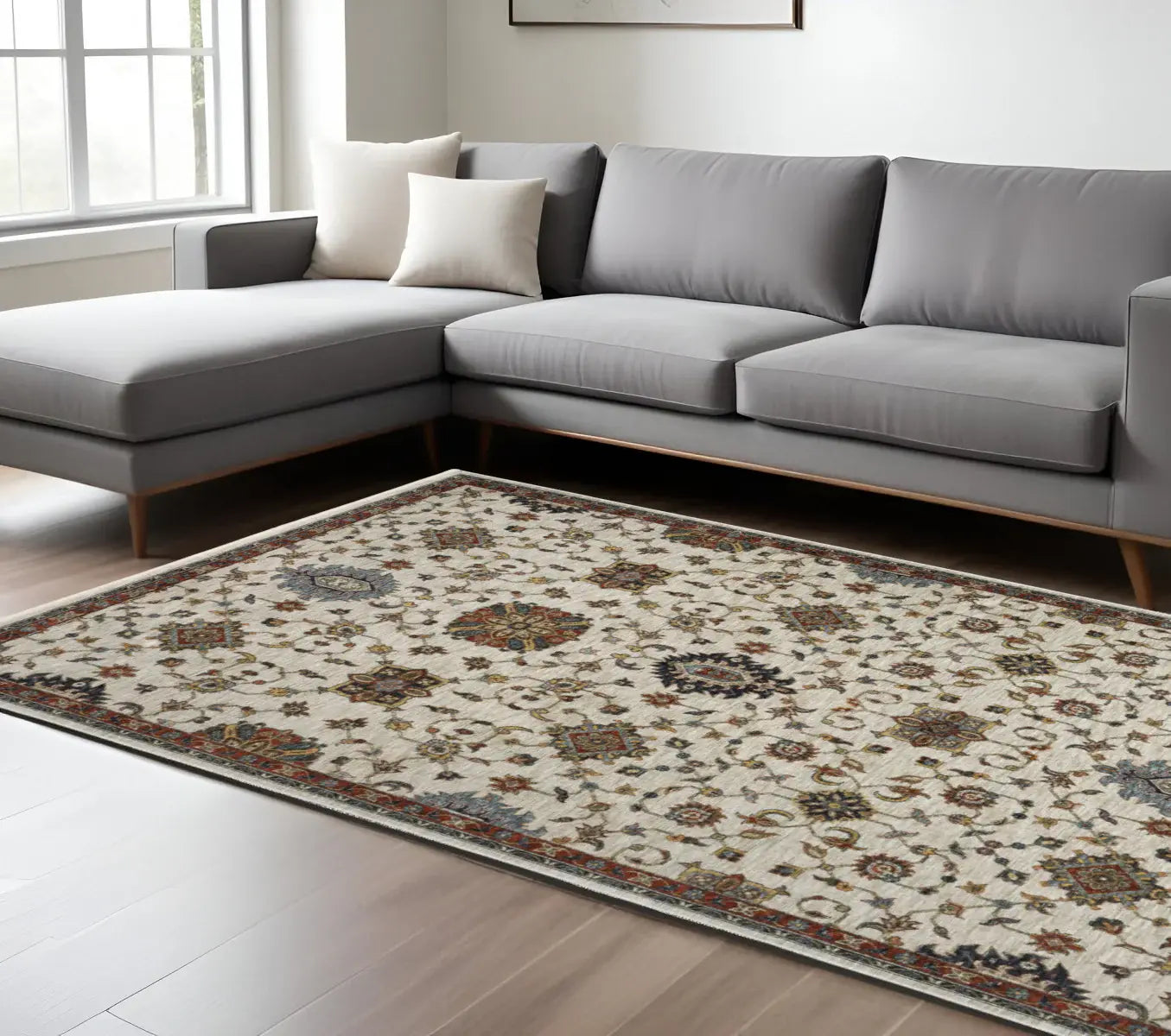 8' X 11' Beige Rust Red Blue Gold And Grey Oriental Power Loom Stain Resistant Area Rug With Fringe - Homeroots - Flyclothing LLC