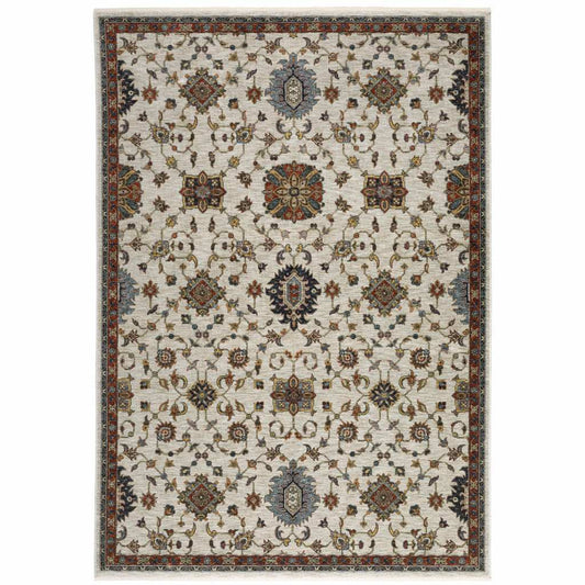 8' X 11' Beige Rust Red Blue Gold And Grey Oriental Power Loom Stain Resistant Area Rug With Fringe - Homeroots - Flyclothing LLC