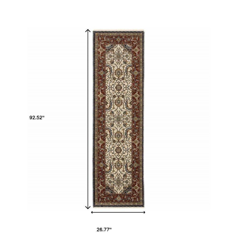 2' X 8' Ivory Beige Red Blue Gold Green And Navy Oriental Power Loom Stain Resistant Runner Rug With Fringe - Homeroots - Flyclothing LLC