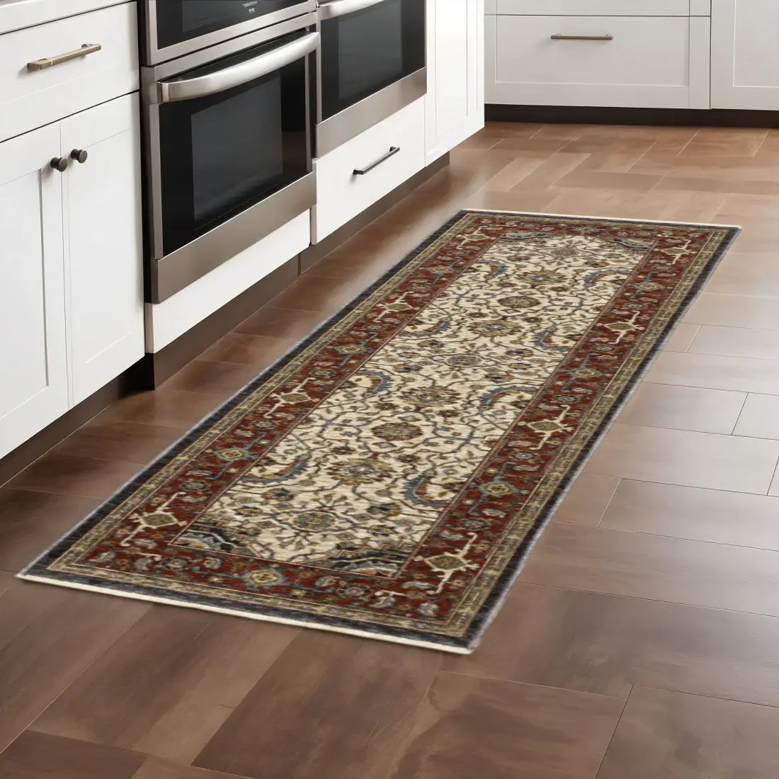 2' X 8' Ivory Beige Red Blue Gold Green And Navy Oriental Power Loom Stain Resistant Runner Rug With Fringe - Homeroots - Flyclothing LLC
