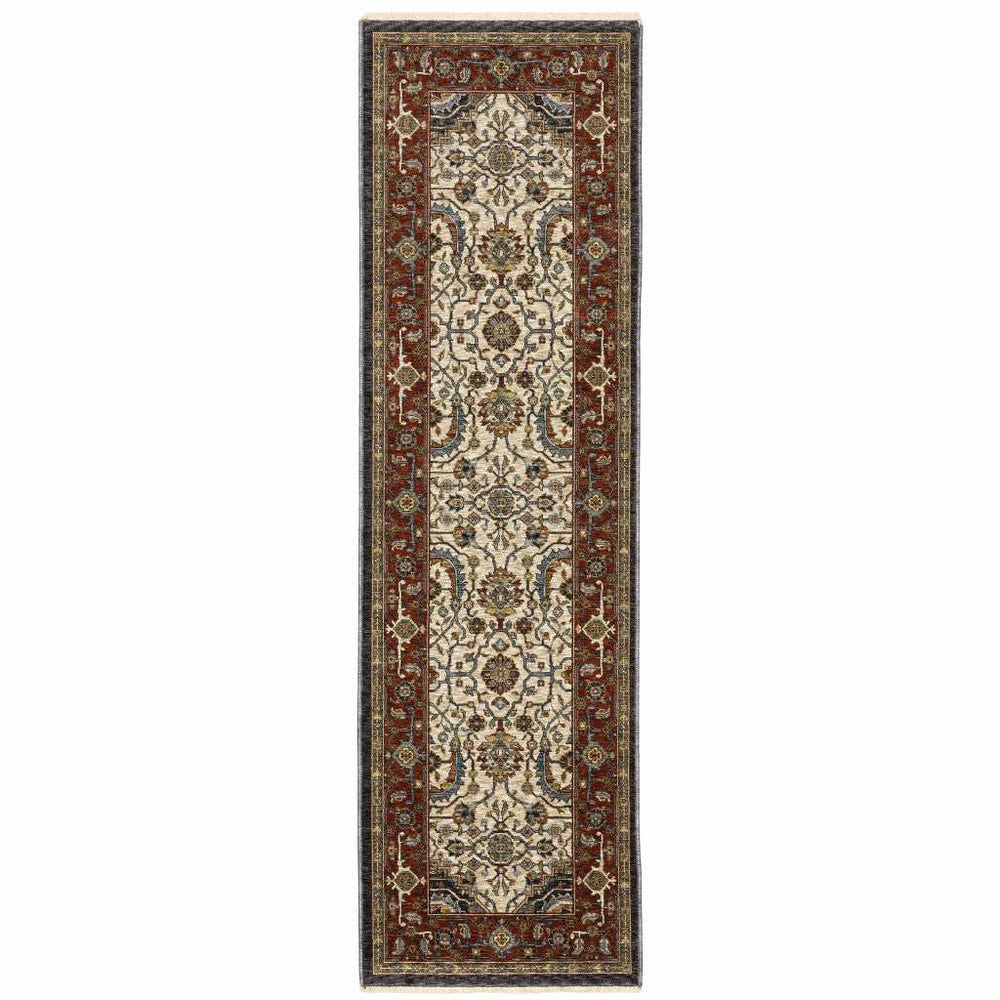 2' X 8' Ivory Beige Red Blue Gold Green And Navy Oriental Power Loom Stain Resistant Runner Rug With Fringe - Homeroots - Flyclothing LLC