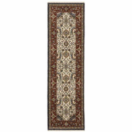 2' X 8' Ivory Beige Red Blue Gold Green And Navy Oriental Power Loom Stain Resistant Runner Rug With Fringe - Homeroots - Flyclothing LLC
