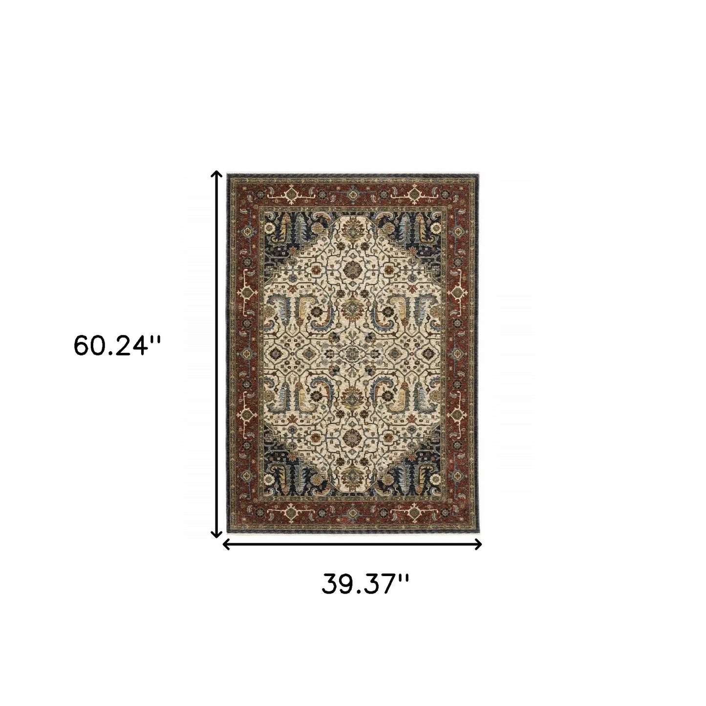 3' X 5' Ivory Beige Red Blue Gold Green And Navy Oriental Power Loom Stain Resistant Area Rug With Fringe - Homeroots - Flyclothing LLC