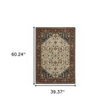 3' X 5' Ivory Beige Red Blue Gold Green And Navy Oriental Power Loom Stain Resistant Area Rug With Fringe - Homeroots - Flyclothing LLC