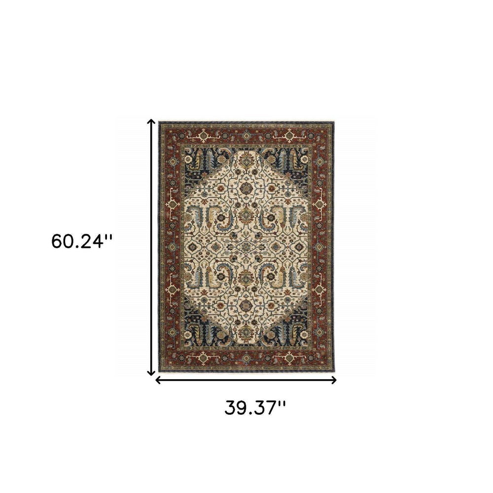 3' X 5' Ivory Beige Red Blue Gold Green And Navy Oriental Power Loom Stain Resistant Area Rug With Fringe - Homeroots - Flyclothing LLC