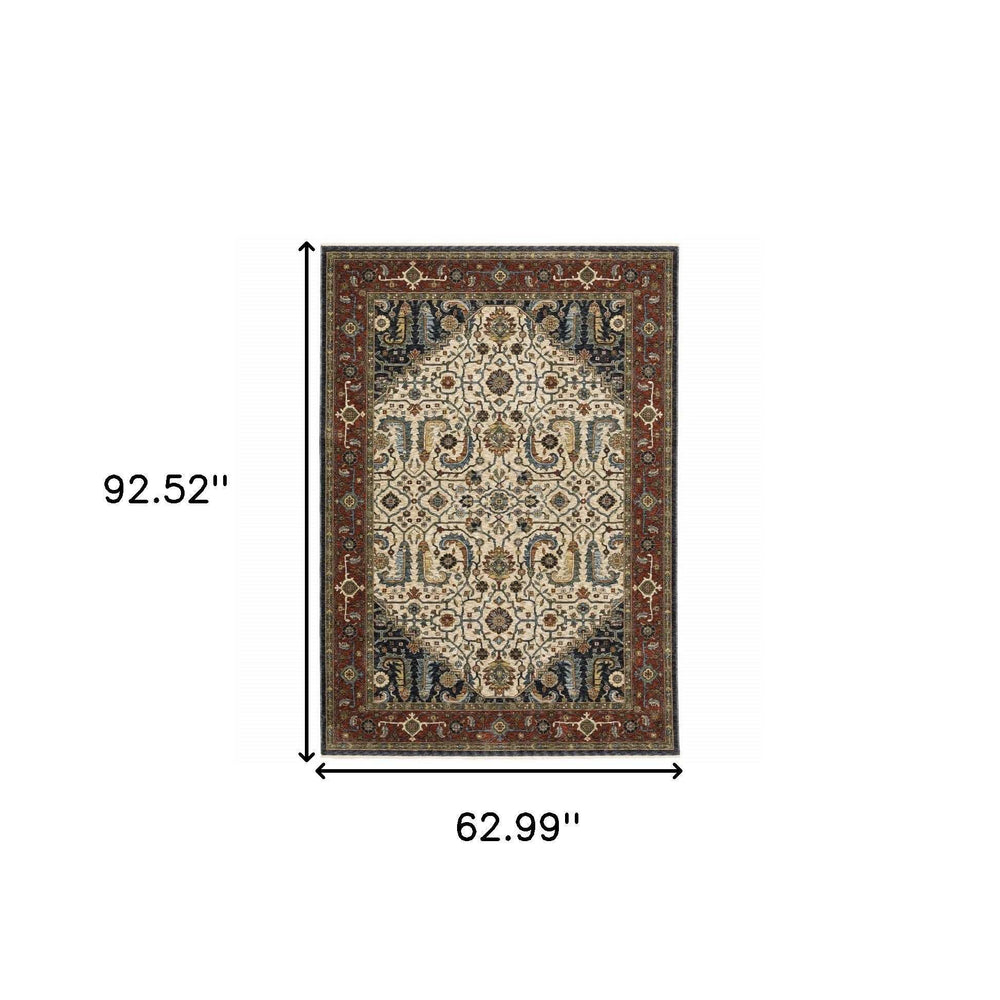 5' X 8' Ivory Beige Red Blue Gold Green And Navy Oriental Power Loom Stain Resistant Area Rug With Fringe - Homeroots - Flyclothing LLC