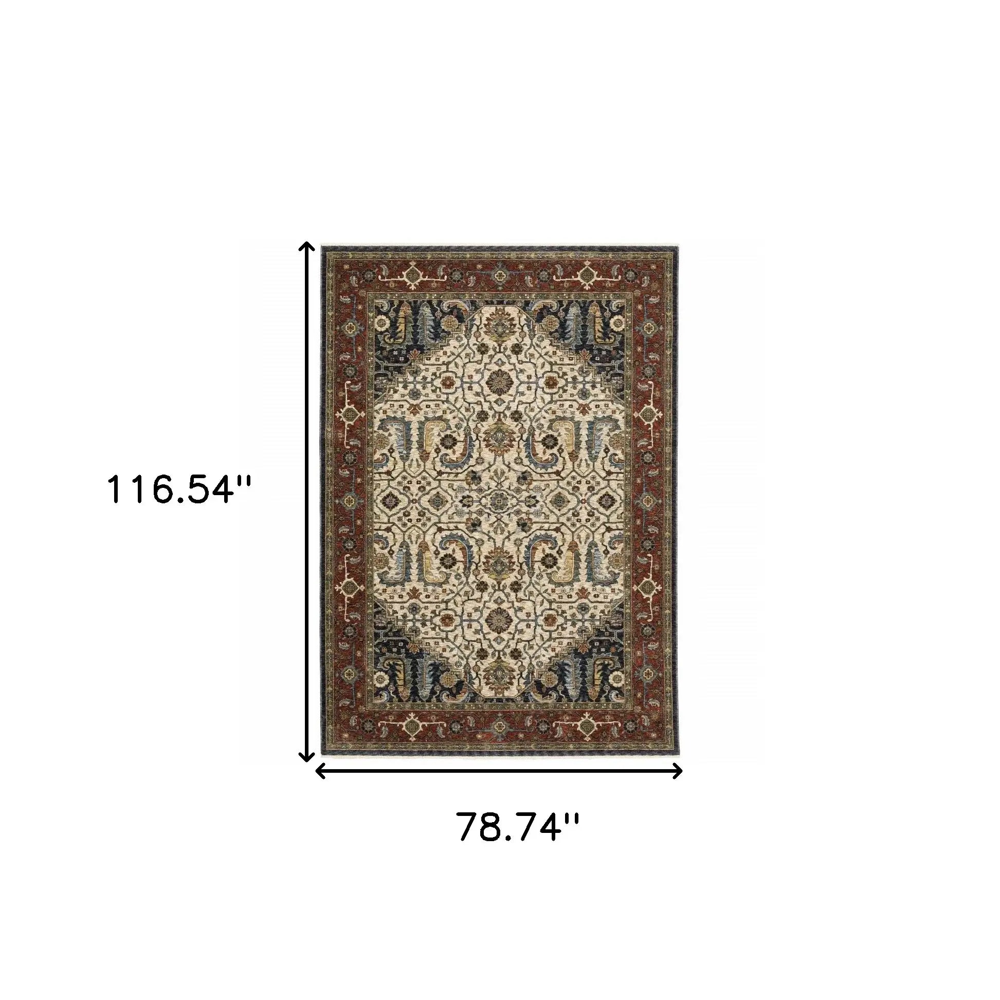 6' X 9' Ivory Beige Red Blue Gold Green And Navy Oriental Power Loom Stain Resistant Area Rug With Fringe - Homeroots - Flyclothing LLC