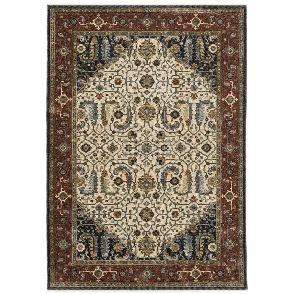 8' X 11' Ivory Beige Red Blue Gold Green And Navy Oriental Power Loom Stain Resistant Area Rug With Fringe - Homeroots - Flyclothing LLC