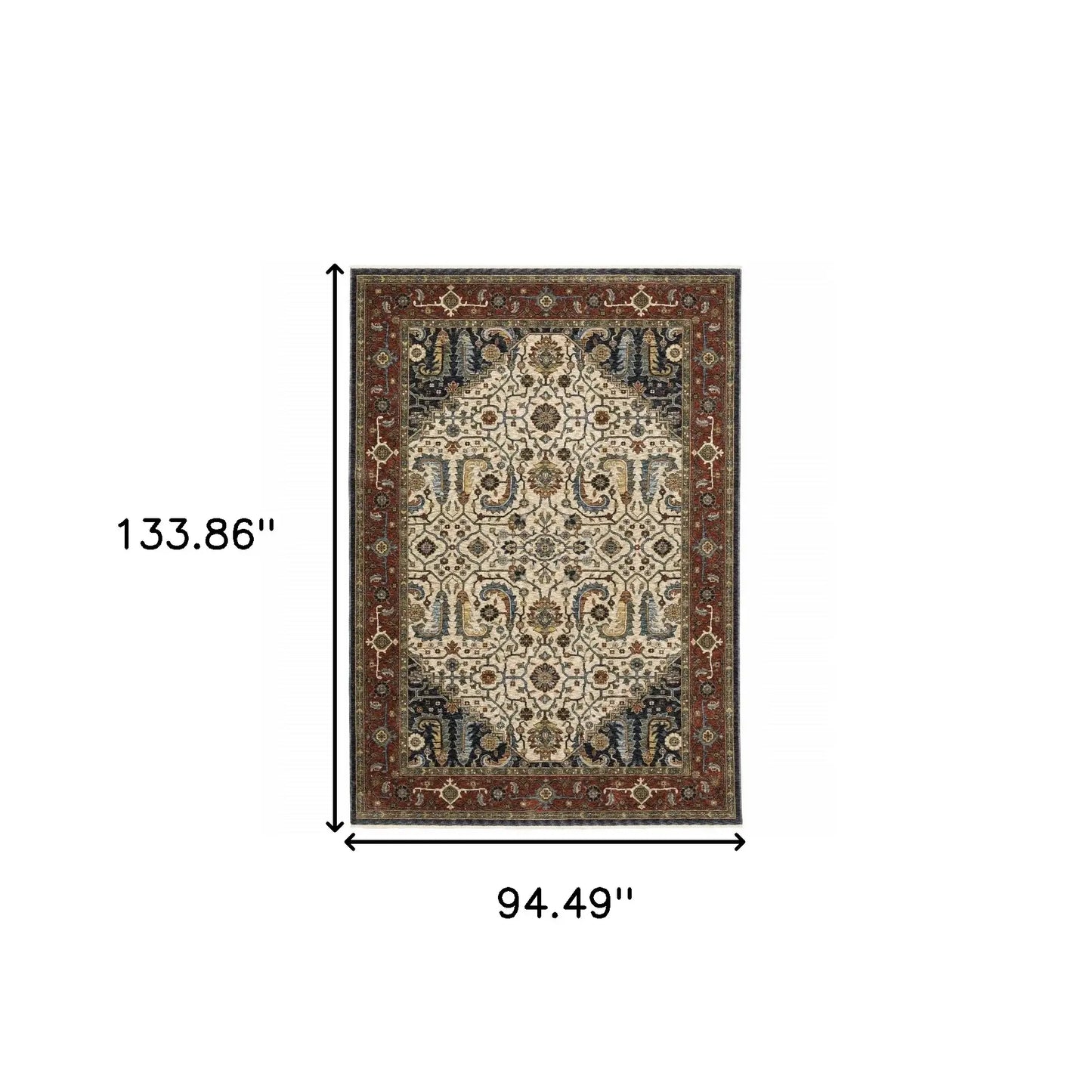 8' X 11' Ivory Beige Red Blue Gold Green And Navy Oriental Power Loom Stain Resistant Area Rug With Fringe - Homeroots - Flyclothing LLC