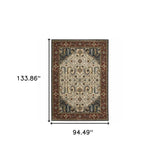 8' X 11' Ivory Beige Red Blue Gold Green And Navy Oriental Power Loom Stain Resistant Area Rug With Fringe - Homeroots - Flyclothing LLC