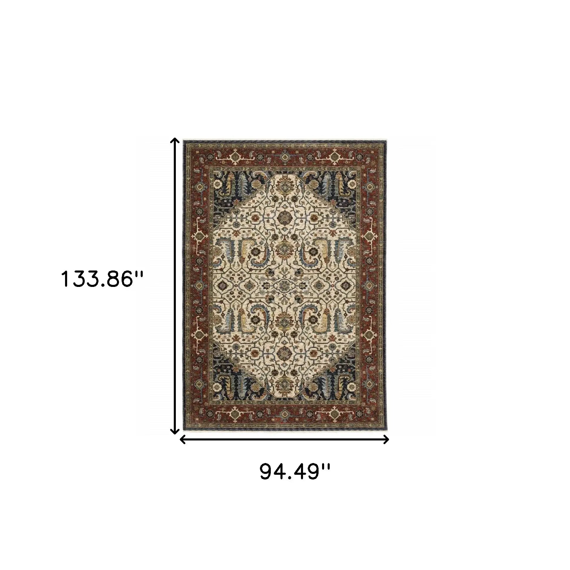 8' X 11' Ivory Beige Red Blue Gold Green And Navy Oriental Power Loom Stain Resistant Area Rug With Fringe - Homeroots - Flyclothing LLC