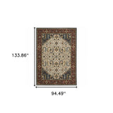 8' X 11' Ivory Beige Red Blue Gold Green And Navy Oriental Power Loom Stain Resistant Area Rug With Fringe - Homeroots - Flyclothing LLC