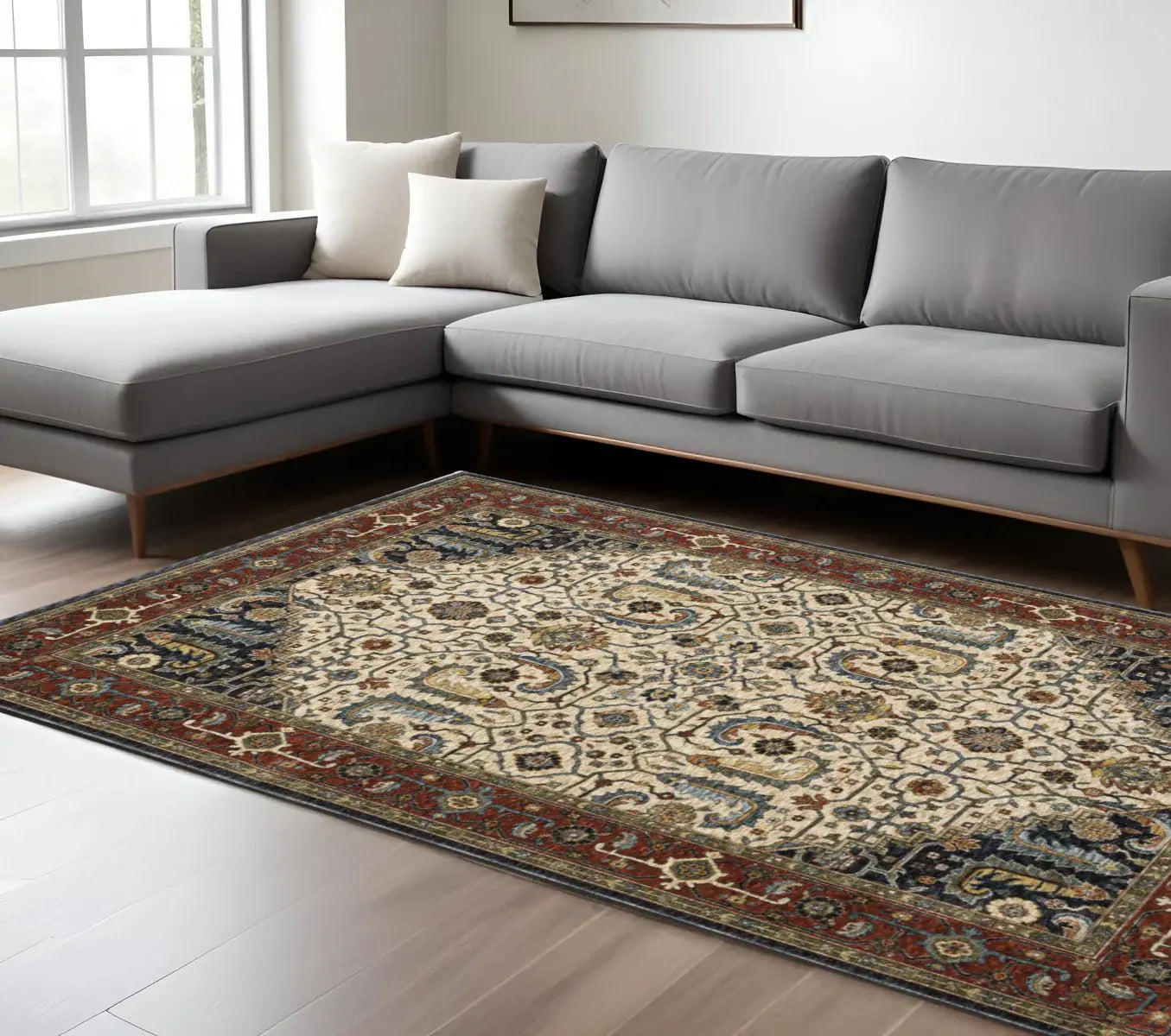 8' X 11' Ivory Beige Red Blue Gold Green And Navy Oriental Power Loom Stain Resistant Area Rug With Fringe - Homeroots - Flyclothing LLC