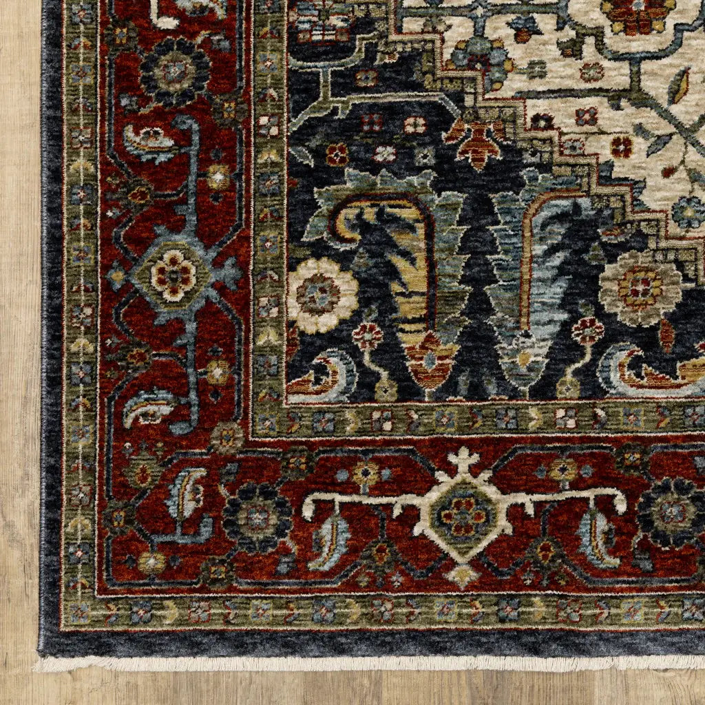 8' X 11' Ivory Beige Red Blue Gold Green And Navy Oriental Power Loom Stain Resistant Area Rug With Fringe - Homeroots - Flyclothing LLC