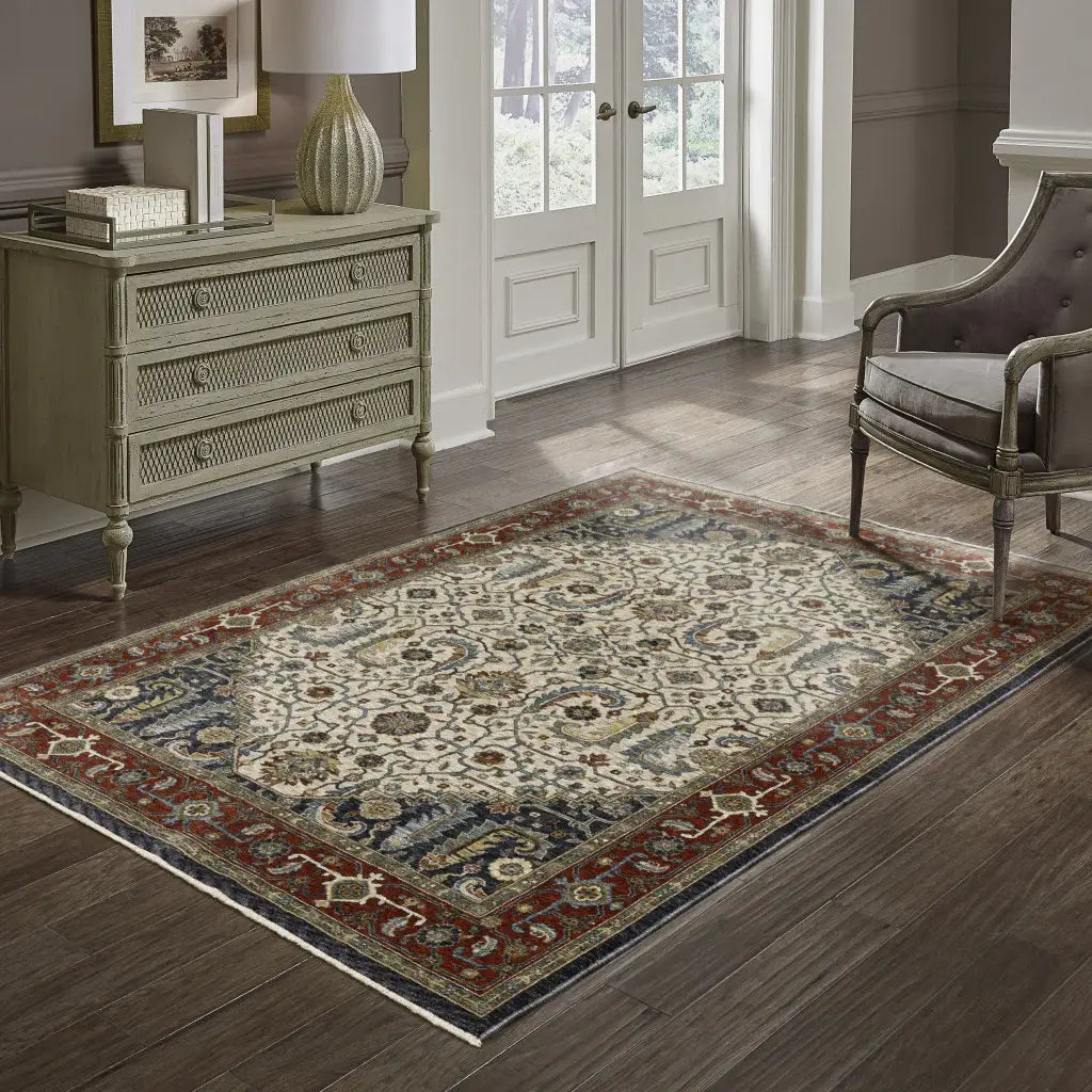 10' X 13' Ivory Beige Red Blue Gold Green And Navy Oriental Power Loom Stain Resistant Area Rug With Fringe - Homeroots - Flyclothing LLC