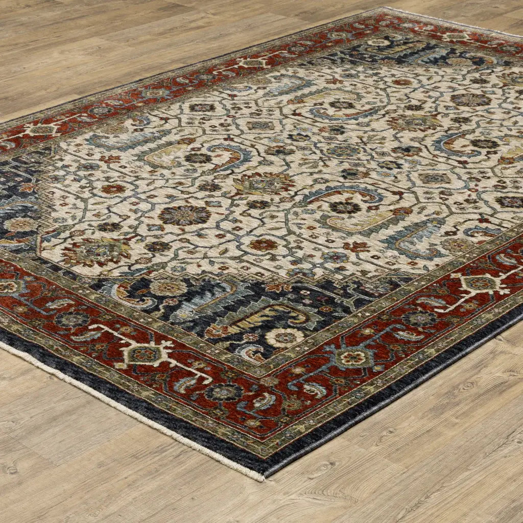 10' X 13' Ivory Beige Red Blue Gold Green And Navy Oriental Power Loom Stain Resistant Area Rug With Fringe - Homeroots - Flyclothing LLC