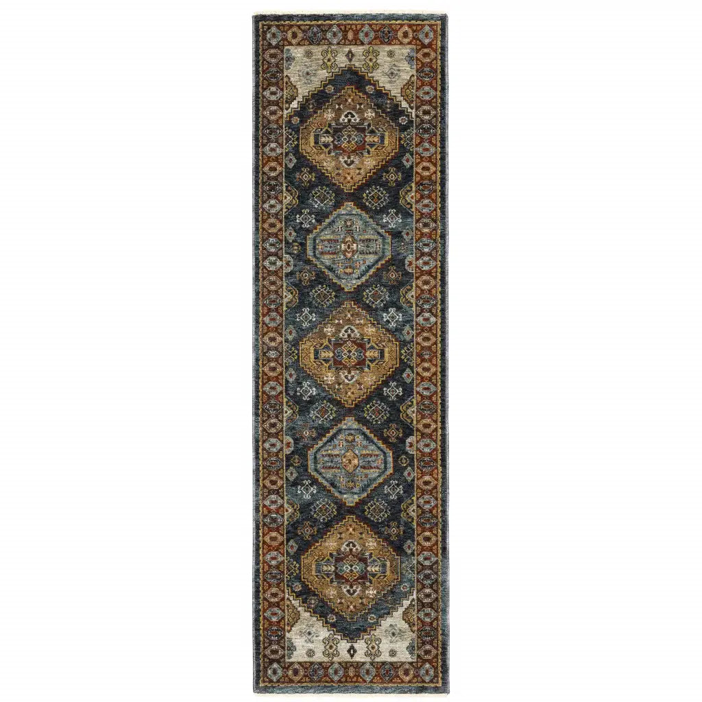 2' X 8' Blue And Beige Oriental Power Loom Runner Rug With Fringe - Homeroots - Flyclothing LLC