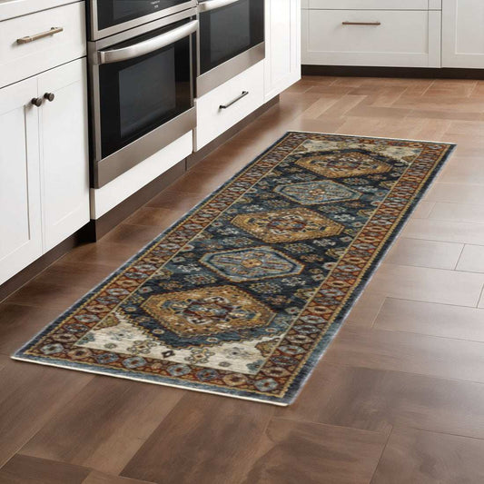 2' X 8' Blue And Beige Oriental Power Loom Runner Rug With Fringe - Homeroots - Flyclothing LLC