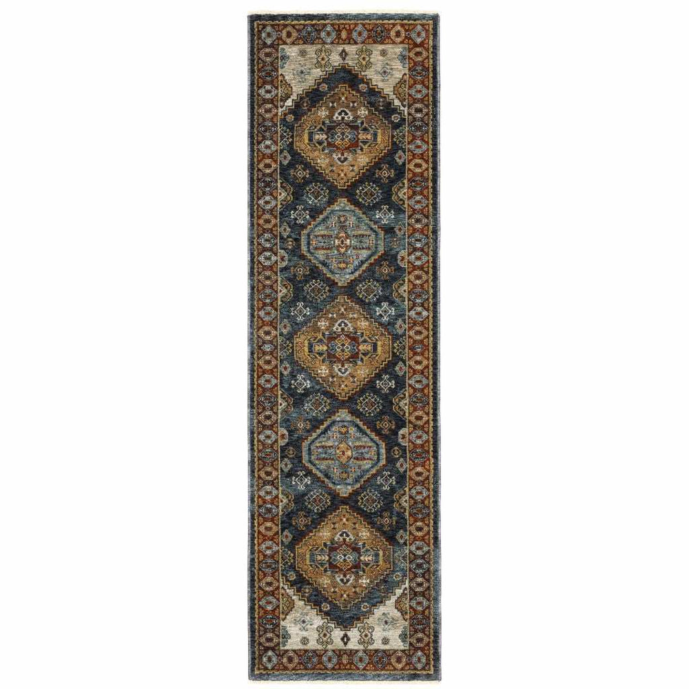 2' X 8' Blue And Beige Oriental Power Loom Runner Rug With Fringe - Homeroots - Flyclothing LLC