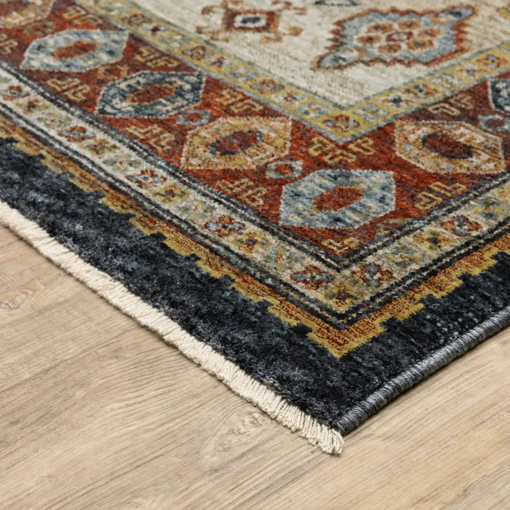 2' X 3' Blue Rust Red Beige Orange Gold And Tan Oriental Power Loom Stain Resistant Area Rug With Fringe - Homeroots - Flyclothing LLC
