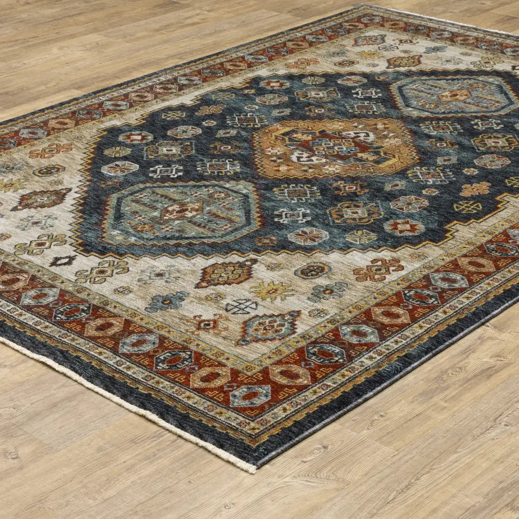 2' X 3' Blue Rust Red Beige Orange Gold And Tan Oriental Power Loom Stain Resistant Area Rug With Fringe - Homeroots - Flyclothing LLC