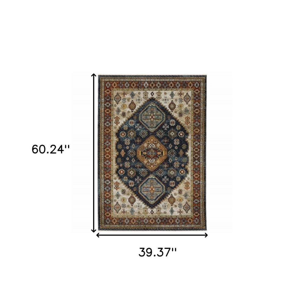 3' X 5' Blue Red Beige Orange Gold And Tan Oriental Power Loom Stain Resistant Area Rug With Fringe - Homeroots - Flyclothing LLC
