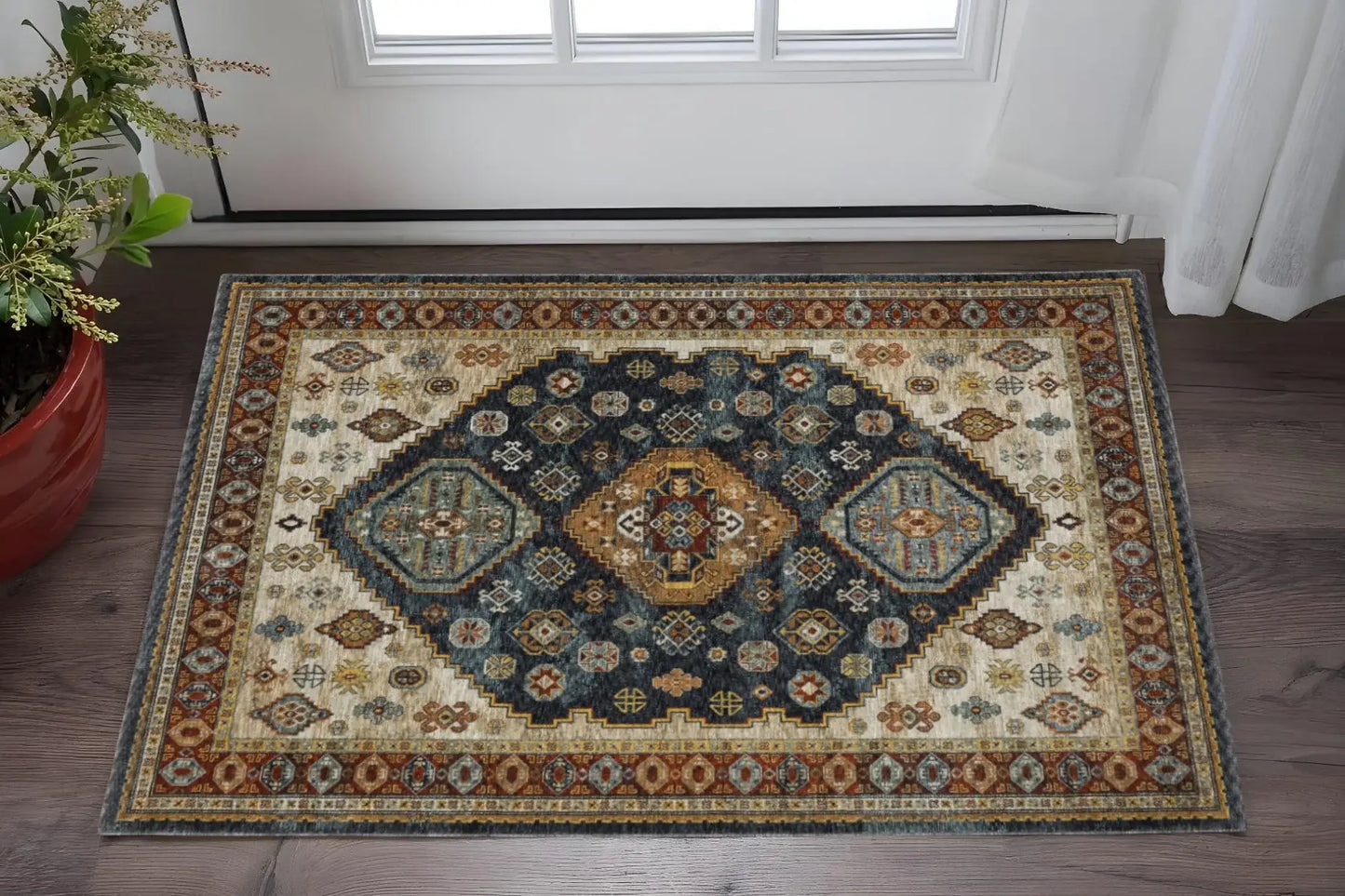 3' X 5' Blue Red Beige Orange Gold And Tan Oriental Power Loom Stain Resistant Area Rug With Fringe - Homeroots - Flyclothing LLC