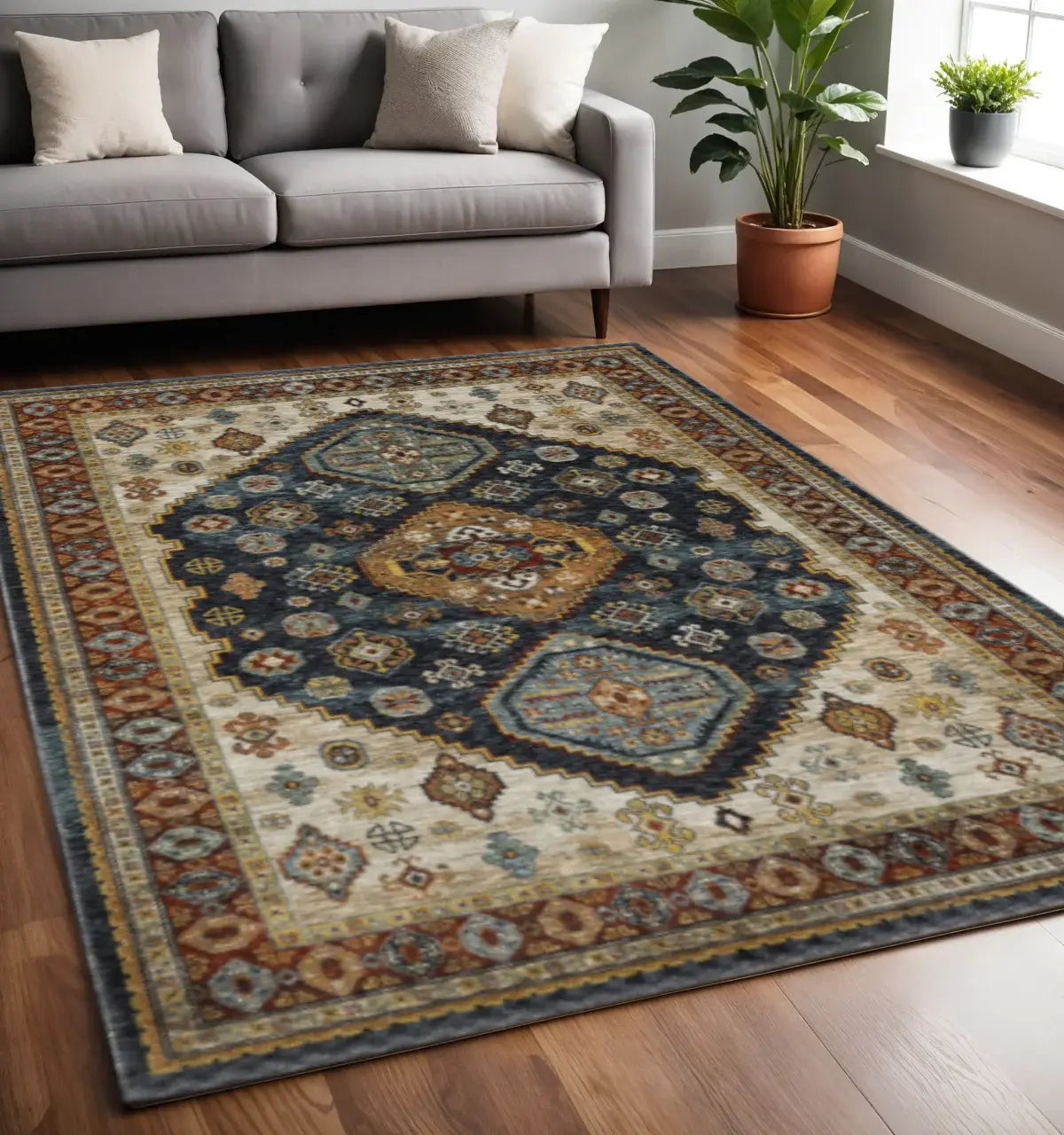 5' X 8' Blue Red Beige Orange Gold And Tan Oriental Power Loom Stain Resistant Area Rug With Fringe - Homeroots - Flyclothing LLC