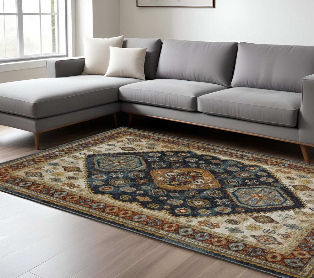6' X 9' Blue Red Beige Orange Gold And Tan Oriental Power Loom Stain Resistant Area Rug With Fringe - Homeroots - Flyclothing LLC
