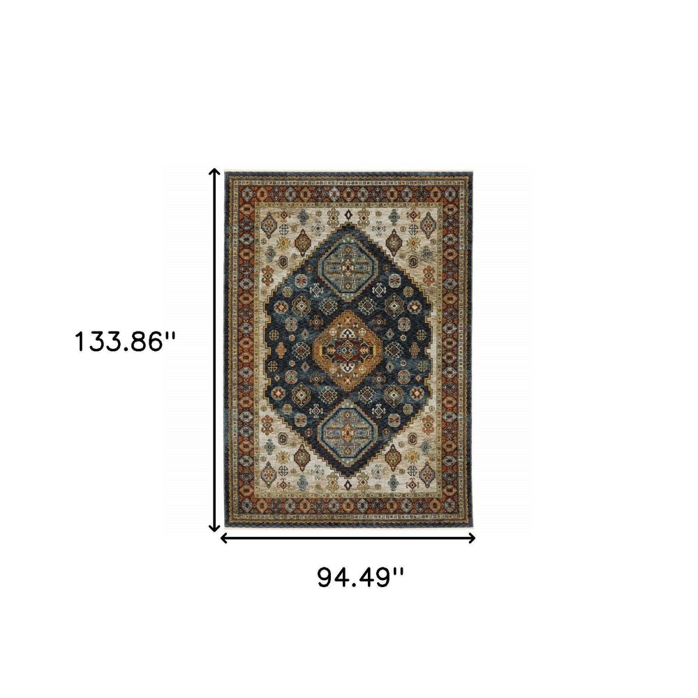 8' X 11' Blue Red Beige Orange Gold And Tan Oriental Power Loom Stain Resistant Area Rug With Fringe - Homeroots - Flyclothing LLC