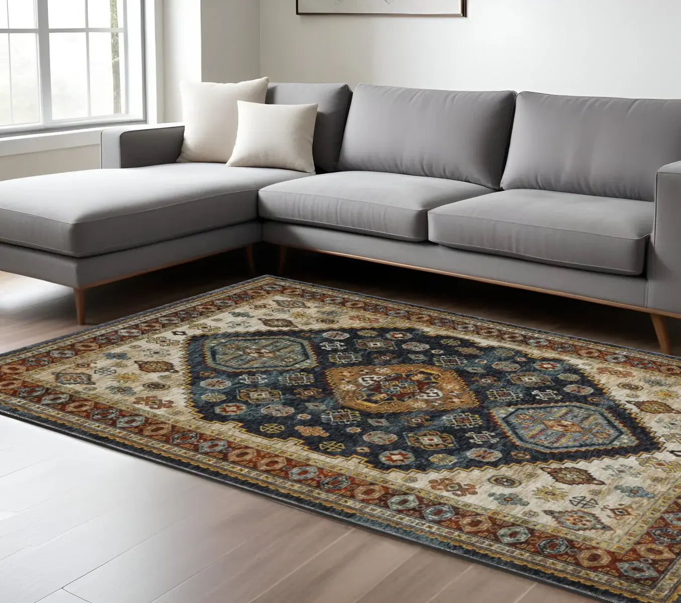 8' X 11' Blue Red Beige Orange Gold And Tan Oriental Power Loom Stain Resistant Area Rug With Fringe - Homeroots - Flyclothing LLC